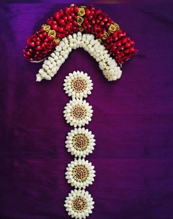 Bridal Flowers- Bridal Hair Set – Red Rose Petals & White Nandavanam