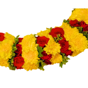 GetFlowersDaily - Open Garland Yellow chrysanthemum, Red Roses & Panner Leaves - 2.5ft