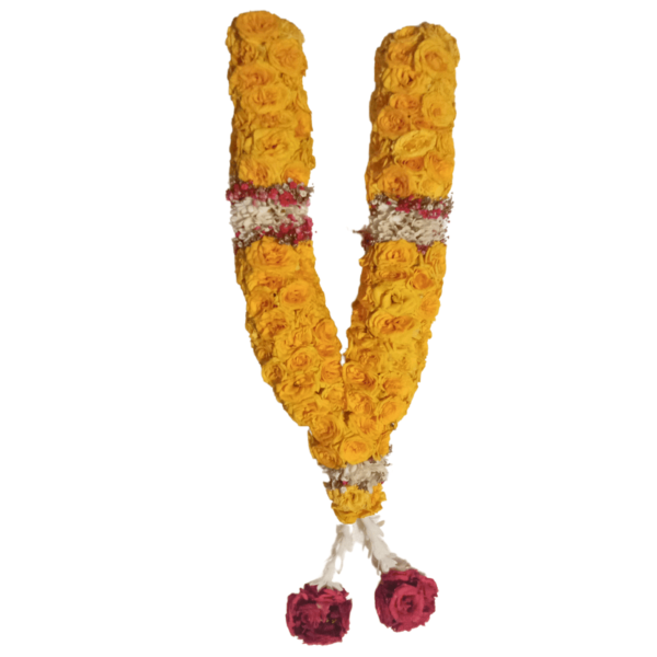 Pooja Garland - Yellow Rose with Tuberose, Gold & Red Gypsy Garland - 2ft