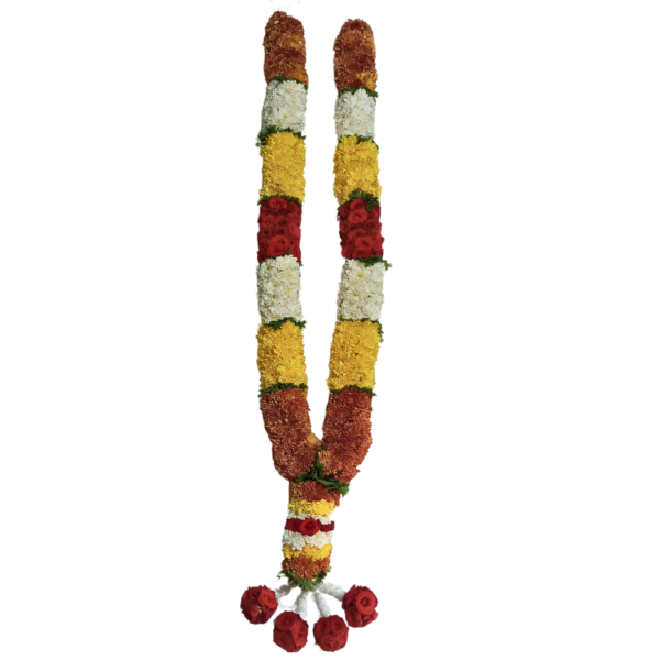 Pooja Garland - Merable Rose with White , Yellow , Chocolate Chrysanthemum & Paneer Leaf Garland - 4.5ft