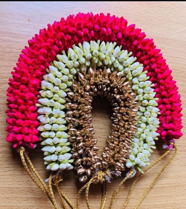Nandavanam Gajra (White,Gold,Red) - 25cm length