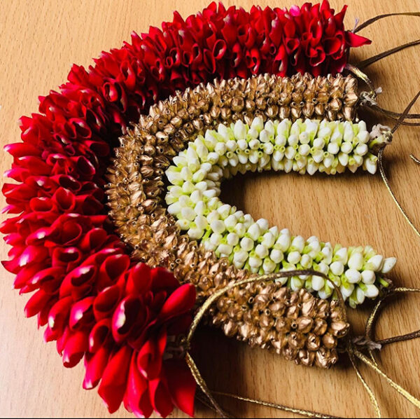 Red Rose Petal with Gold & White Gajra Set - 25cm Length