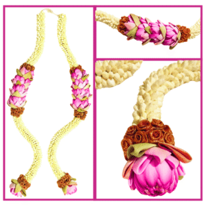 Jasmine with Pink Lotus Gold Border Open Type Garland - 2.5ft